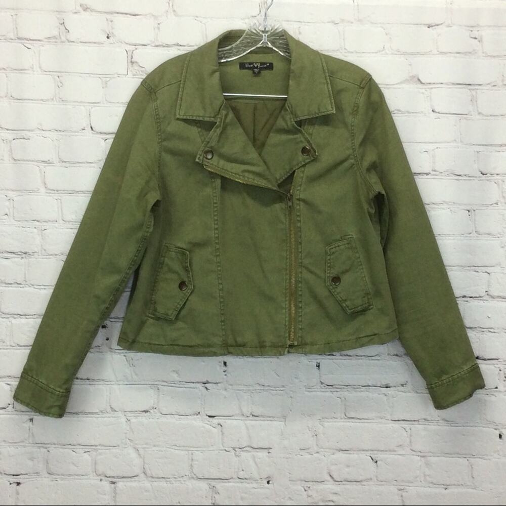 Velvet Heart Moto Jacket Women's Size L Army Green Asymmetrical Zip Snap Pockets
